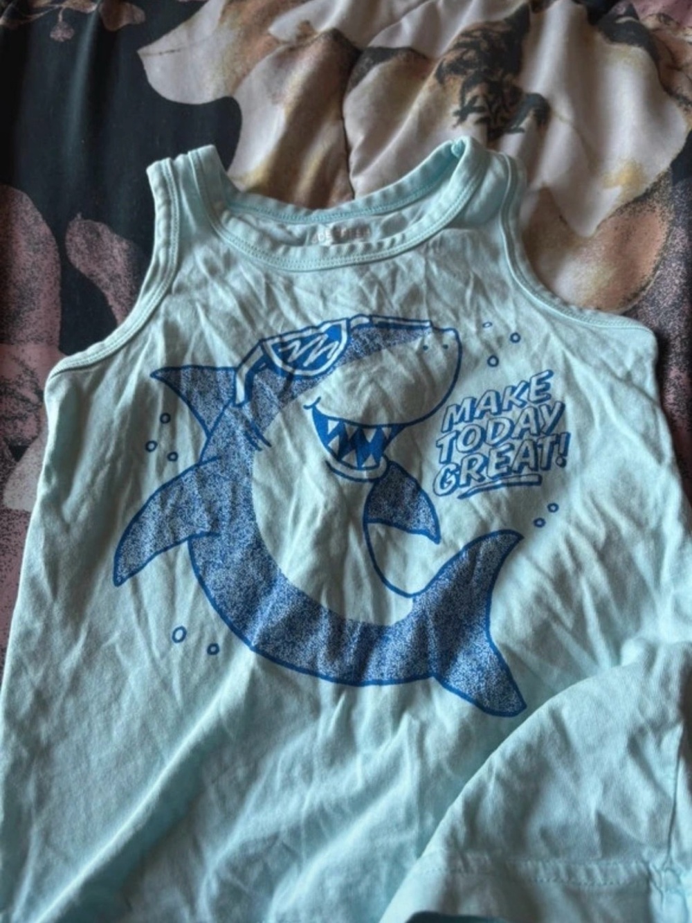 Joe Fresh Light Aqua Tank Top with Navy Shark Graphic
